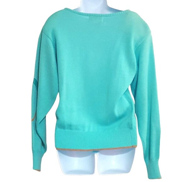 Vintage 80s Jaymee Papell Womens Pull Over Sweater Leather Trim Blue Long Sleeve - Picture 3 of 8